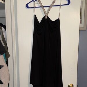 Unyx Black One-Shoulder Evening Dress with Rhinestone Cross-Strap